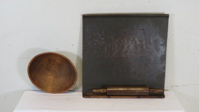Hanging tin dough board with tin rolling pin and wooden bowl (1 of 5)