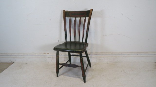 Early 19th century paint decorated plank bottom arrow back chair (1 of 6)
