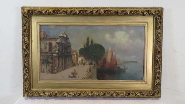 19th century O/C painting of Mediterranean harbor scene (1 of 6)