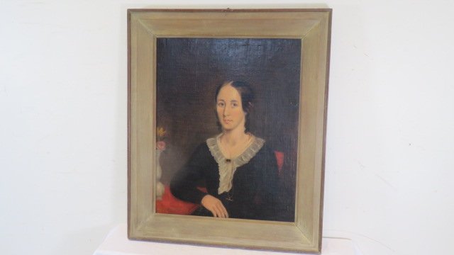 Mid-19th century portrait of woman sitting in red chair: Mid-19th century portrait of woman sitting in red chair, unsigned, original stretcher and frame, sight 29.25"T x 23.25"W, frame is 4.5"W