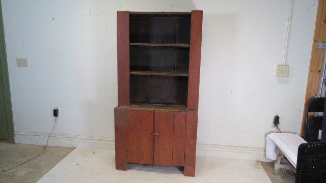 Pine primitive open cupboard in red painted surface (1 of 6)