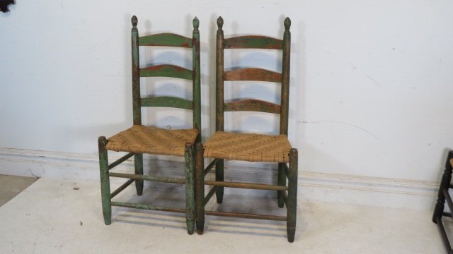 Pair of early 19th century ladderback chairs in old green paint (1 of 7)
