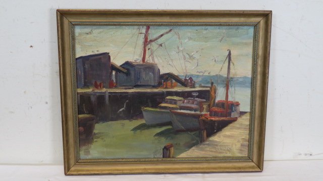 Oil on artist board impressionist painting of Massachusetts harbor: Oil on artist board impressionist painting of Massachusetts harbor, signed L. Allen, dated 1967, sight is 13.5"T x 17.5"W, frame is 1.5"W