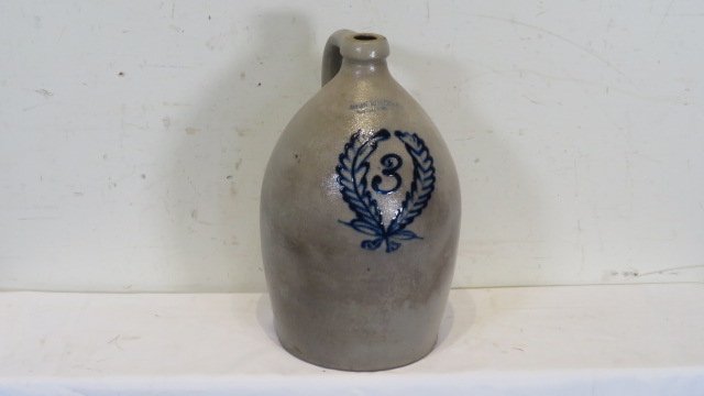 3-gal stoneware jug with blue wreath decoration, signed Rochester, NY (1 of 5)