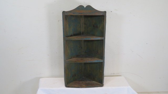 Pine dovetailed case diminutive hanging corner cupboard in old blue paint (1 of 7)
