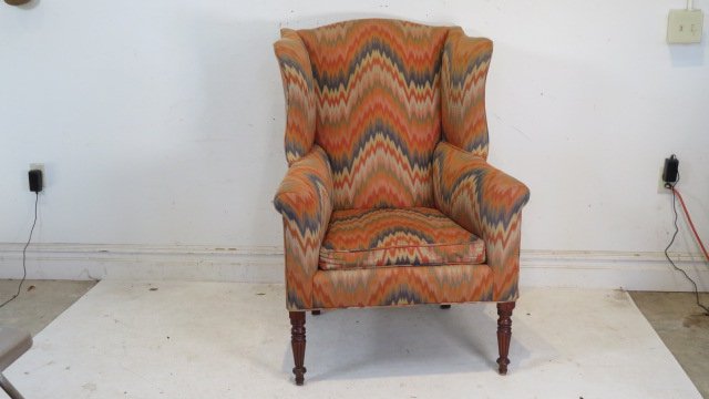 Ca 1840 (?) large wing chair with flame stitch upholstery (1 of 4)