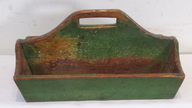 Wooden pine utensil carrier in old green paint (1 of 5)