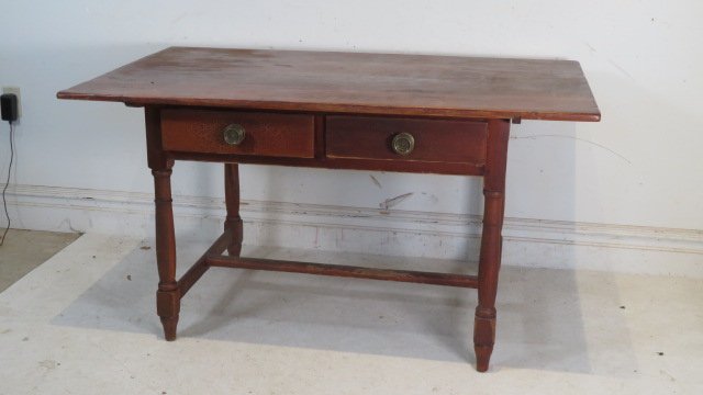 Pine early 19th century stretcher base worktable with 2 dovetailed drawers (1 of 5)