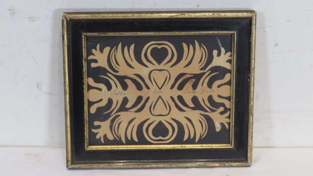 Late 19th century Scherenschnitte with hearts and pencil inscription (1 of 5)