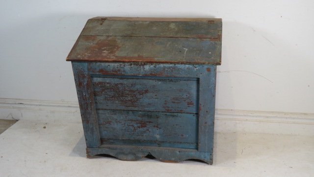 Pine slant lid meal bin with 2 compartments and interior shelf in blue paint over red (1 of 8)