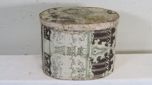 19th century wallpaper covered band box signed on bottom (1 of 6)