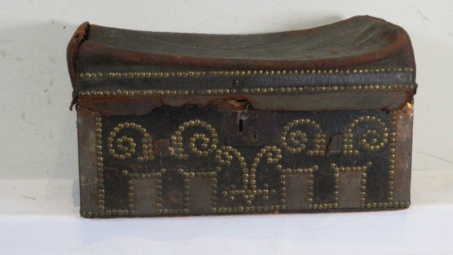Early leather trunk with brass studs signed W.D. on both ends (1 of 9)