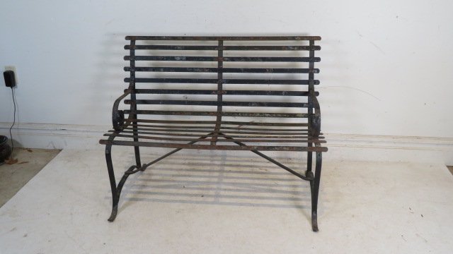 Early 20th century iron park bench in old original green paint (1 of 4)