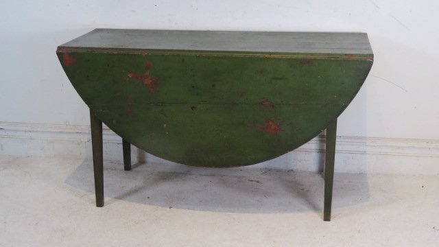 19th cent. pine country Hepplewhite hall table with drop leaf in old green paint (1 of 10)