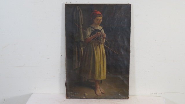 O/C painting of a peasant girl signed Jessie Schley, dated 1904 (1 of 5)