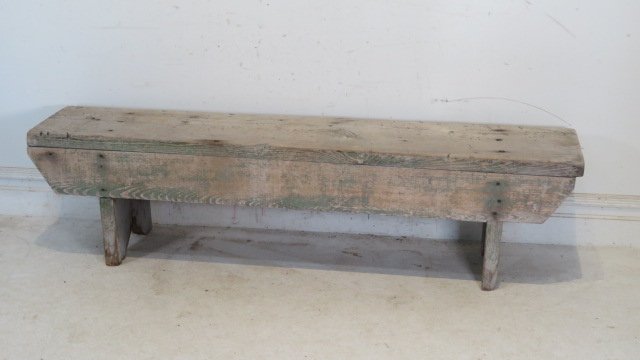 Early 64" pine bench in very worn green paint (1 of 4)