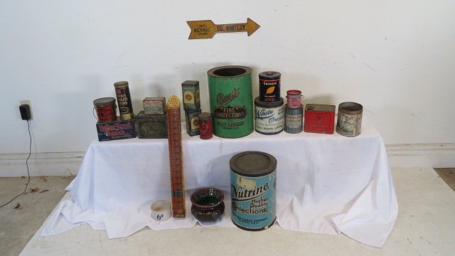 Group of advertising tins plus spittoon and crock (1 of 8)