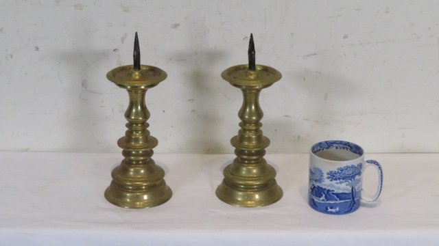 Pair 10" brass prickett candlesticks (1 of 3)