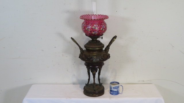 Large brass oriental motif kerosene lamp (1 of 11)