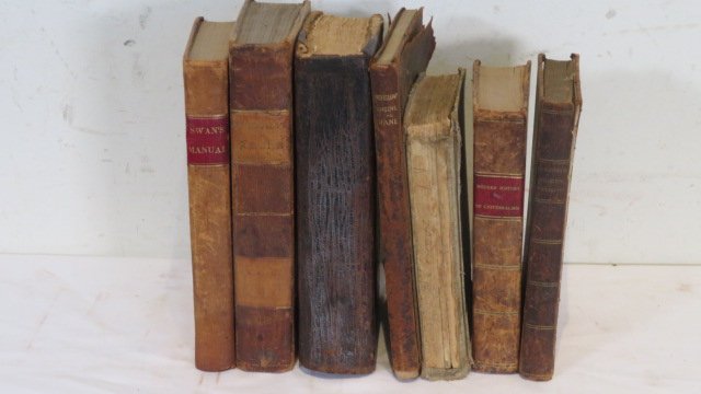 7 leatherbound books published in US 1825-1908: 7 leatherbound books published in US 1825-1908, largest is 9"T x 6"D, provenance of the late Helen Kogan