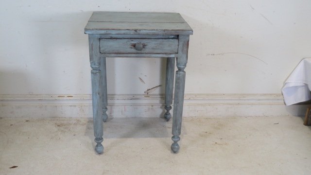 Cherry one dovetailed drawer stand table in 20th century blue paint (1 of 4)