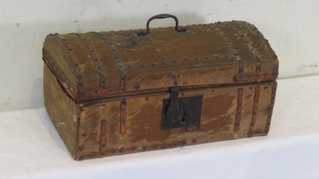 Early hide-covered dome top box with brass studs (1 of 4)