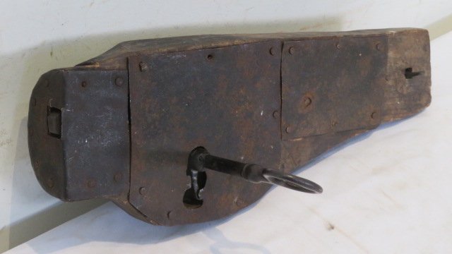 Early tin, iron, and wood door lock (1 of 3)
