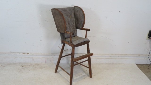 Primitive child's youth chair with homespun blue check fabric (1 of 6)