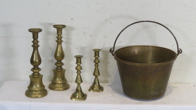 Brass jelly kettle and candlesticks (1 of 6)