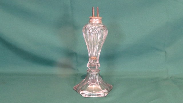 Early flint glass whale oil lamp: Early flint glass whale oil lamp, fluted font, double burner, 11" to top of burner