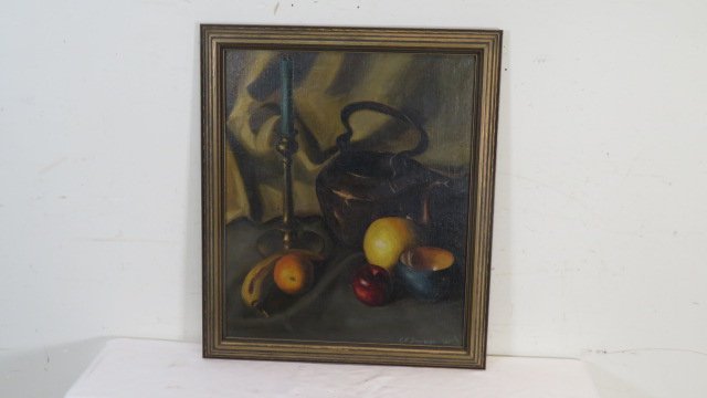 O/C still life of fruit, teakettle, & candlestick signed E.F. Bomroese dated 1937 (1 of 5)