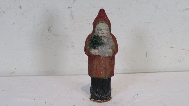 Papier-mache Belsnickel 8" Santa in red suit: Papier-mache Belsnickel 8" Santa in red suit. Provenance the late Sally Siegrist