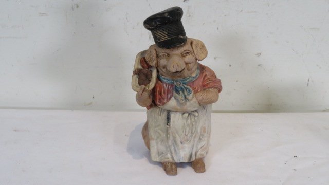 Bisque pig tobacco humidor dressed as a butcher: Bisque pig tobacco humidor dressed as a butcher, 7.5"T. Provenance the late Sally Siegrist