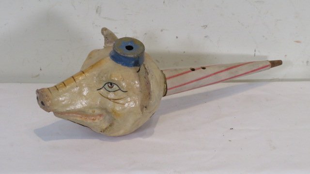 Papier-mache and cardboard pig horn: Papier-mache and cardboard pig horn, overall length is 16" x 5.25"T. Provenance the late Sally Siegrist