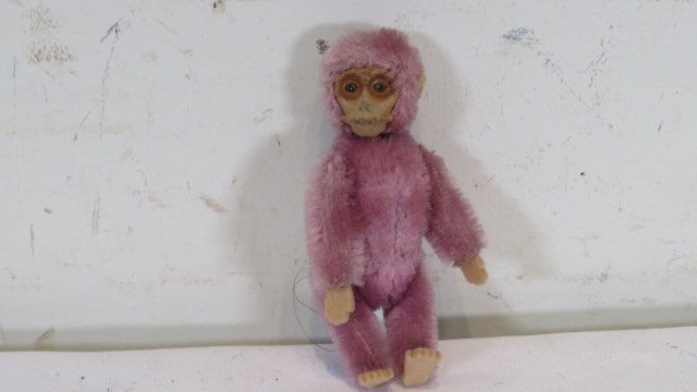 Mohair purple monkey with compact and lipstick holder: Mohair purple monkey with compact and lipstick holder, 3.25"T. Provenance the late Sally Siegrist