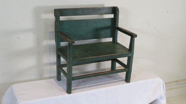 Early 20th century child's bench in green paint (1 of 4)