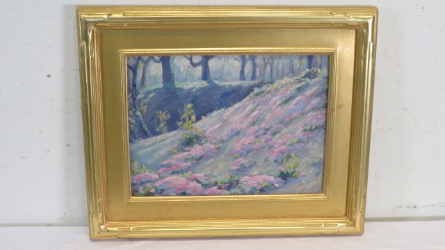 Impressionist spring landscape oil on academy board painting, signed on back (1 of 6)