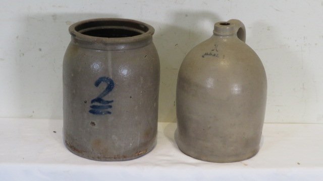 2-gal stoneware jar and 1-gal stoneware jug signed H.B.& L. (1 of 8)