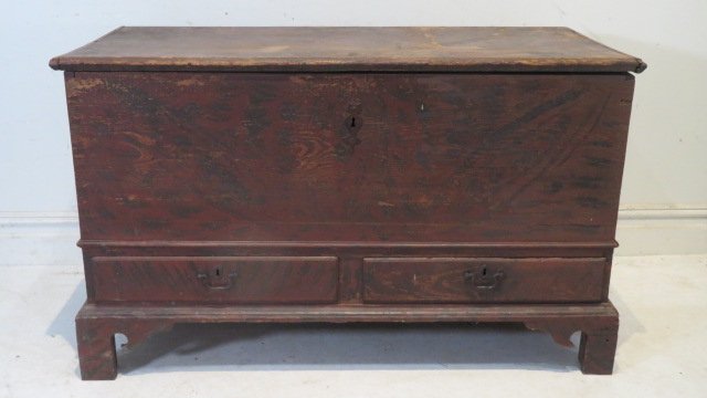 Late 18th, early 19th century, PA dovetailed blanket chest in original red/black grain paint (1 of 10)