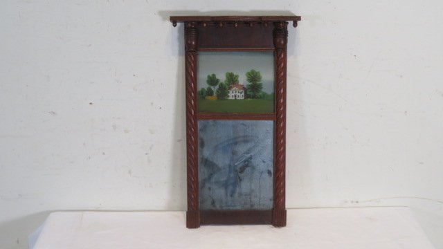Federal hanging wall mirror with original reverse painting of a house (1 of 5)
