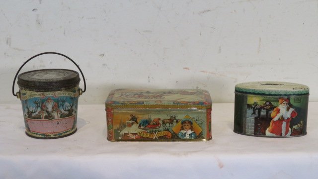 3 vintage tin litho Xmas peanut butter pail & 2  tins (1 of 10)