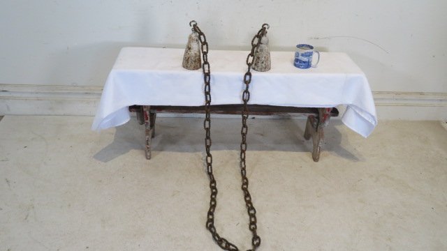 2 early cast iron tassel gate weights & hand forged chain (1 of 7)