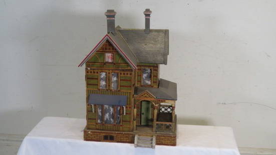 Victorian lithographed wood, Bliss doll house: Victorian lithographed wood, Bliss 2 story dollhouse with wrap around porch, 24"T x 18"W x 11"D