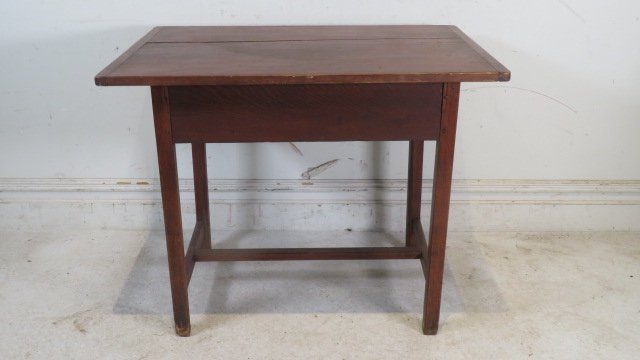 Early 19th century T-stretcher base pine and birch tavern table (1 of 7)