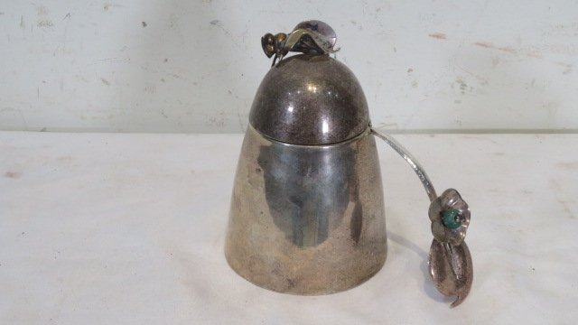 Mexican silver honey jar with ladle with a bee on top signed: Mexican silver honey jar with ladle with a bee on top signed "Los Castillo, Taxco, Mexico", 5"T x 3.5"D