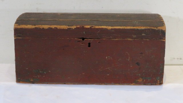 Pine dovetailed early dome-top box in original red paint (1 of 9)