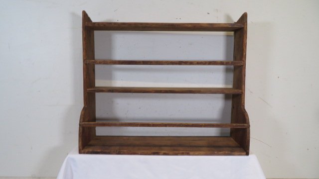 Pine hanging shelf with plate rails in old red painted surface (1 of 4)