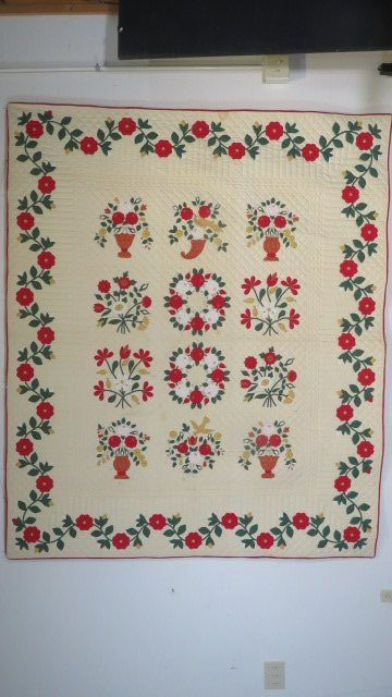 Hand-stitched applique quilt with flower baskets, wreaths, cornucopia, birds (1 of 8)