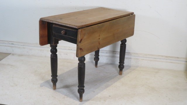 19th century pine drop-leaf table with dovetailed drawer in black painted base (1 of 6)