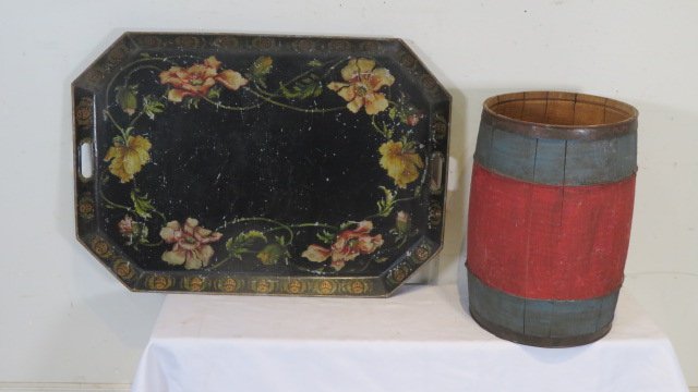 Large tin toleware tray and nail keg (1 of 4)